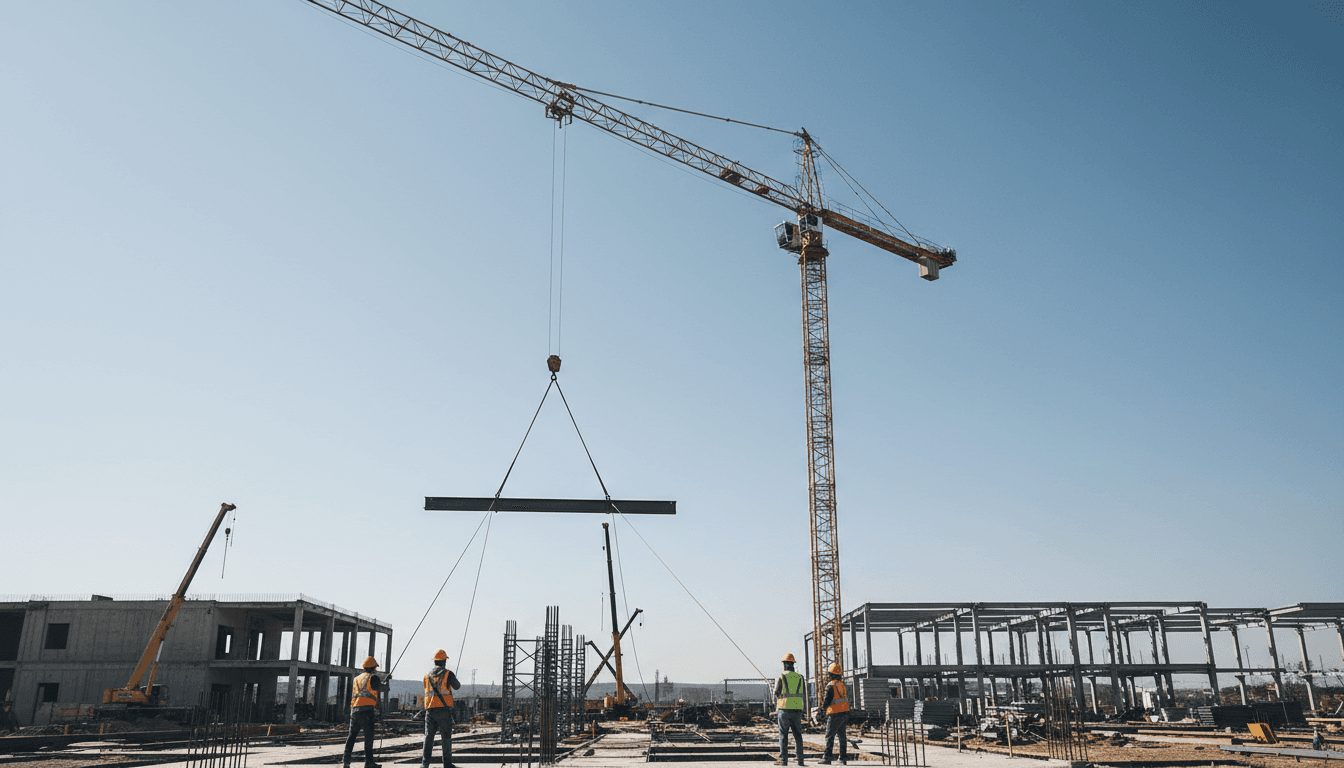 Crane hoisting a steel beam with riggers guiding it on site