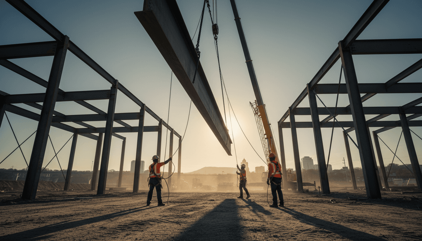 Steel beam lifted by crane with riggers on a construction site in Chattanooga, Tennessee