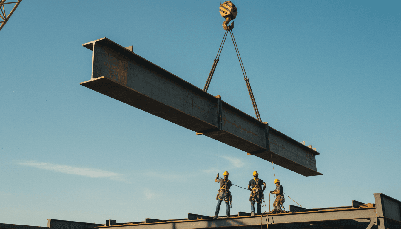 Steel beam lifted by crane on a construction site in daylight