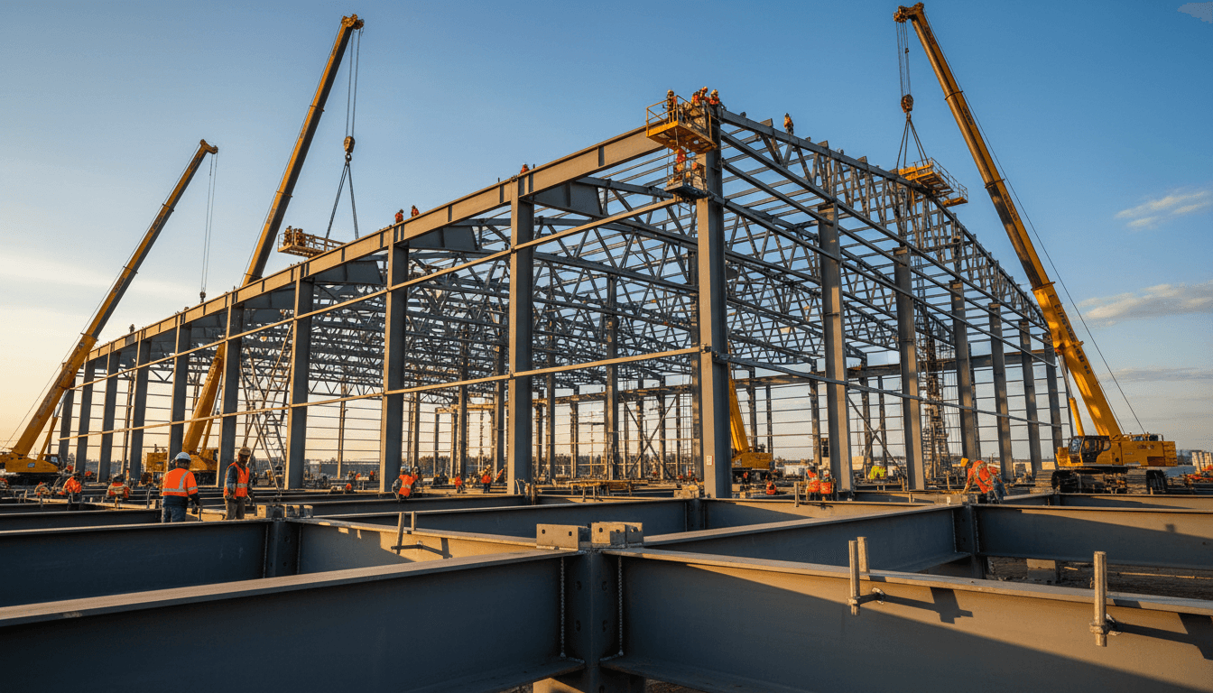 Steel erectors guiding a beam into place with a crane on a construction site