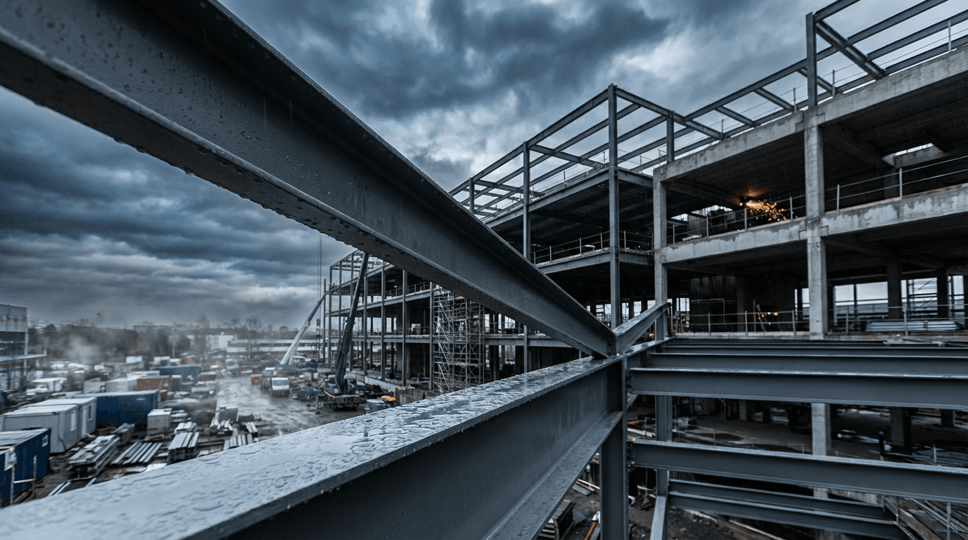 Steel beam being lifted into place on a construction site at dusk