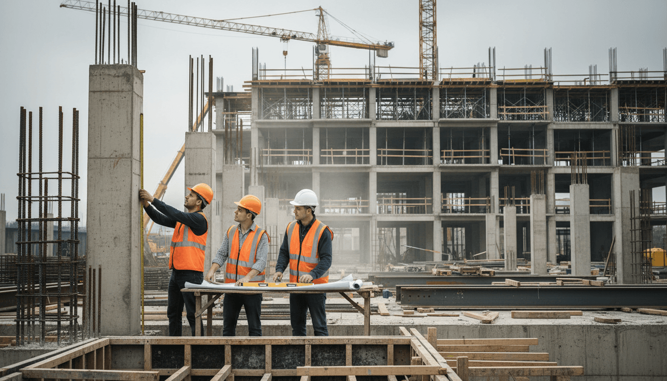 Steel beams and rigging equipment on a construction site at dawn